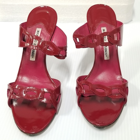 Manolo Blahnik patent Leather Red Stiletto Heels slippers Slides mules sandals - Picture 5 of 15
